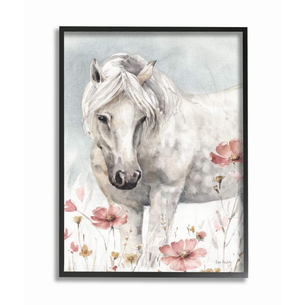 Stupell Industries Beautiful Horse & Pink Flowers Wall Art in Black Frame